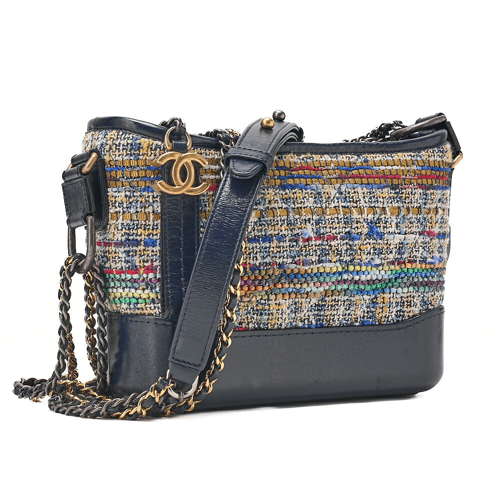 CHANEL Calfskin x Tweed Mini Gabrielle de Chanel Chain Shoulder Multicolor X Navy Gold x Silver-Tone Hardware, Pre-Owned