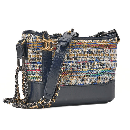 CHANEL Calfskin x Tweed Mini Gabrielle de Chanel Chain Shoulder Multicolor X Navy Gold x Silver-Tone Hardware, Pre-Owned
