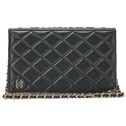 CHANEL Lambskin Minimat Telass? Full Flap 19cm Book Motif Push Lock Chain Shoulder Black x White Gold-Tone Hardware, Pre-Owned