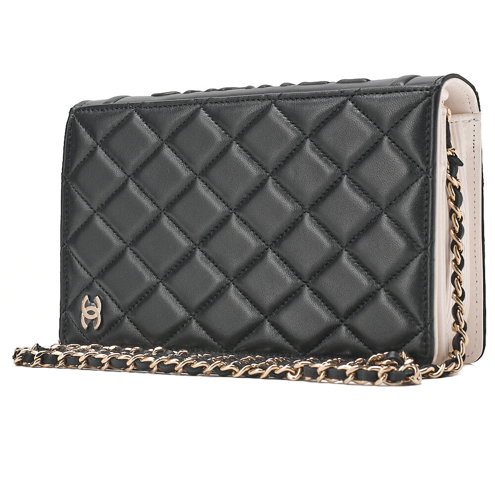 CHANEL Lambskin Minimat Telass? Full Flap 19cm Book Motif Push Lock Chain Shoulder Black x White Gold-Tone Hardware, Pre-Owned