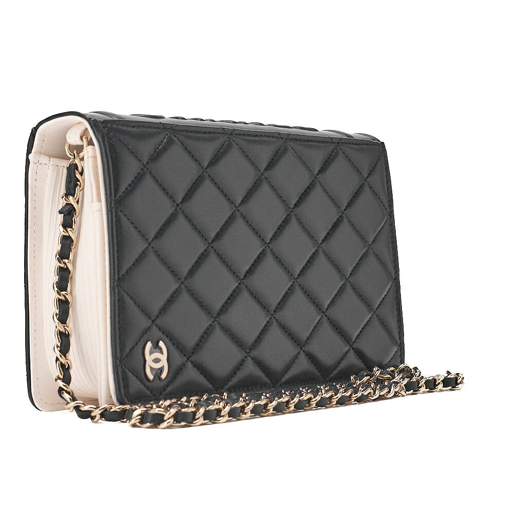 CHANEL Lambskin Minimat Telass? Full Flap 19cm Book Motif Push Lock Chain Shoulder Black x White Gold-Tone Hardware, Pre-Owned