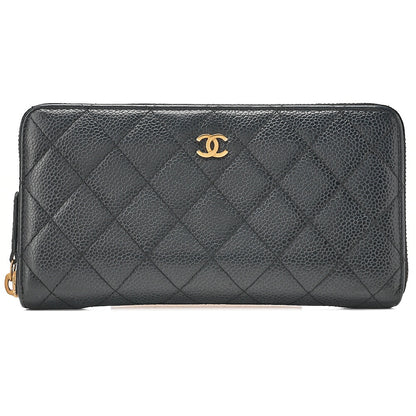 CHANEL Matelasse Round Long Wallet Caviar Skin Black Gold-Tone Hardware, Pre-Owned
