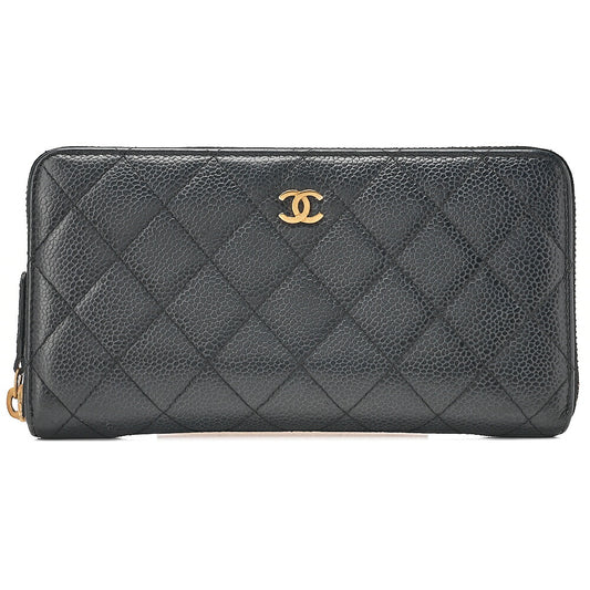 CHANEL Matelasse Round Long Wallet Caviar Skin Black Gold-Tone Hardware, Pre-Owned