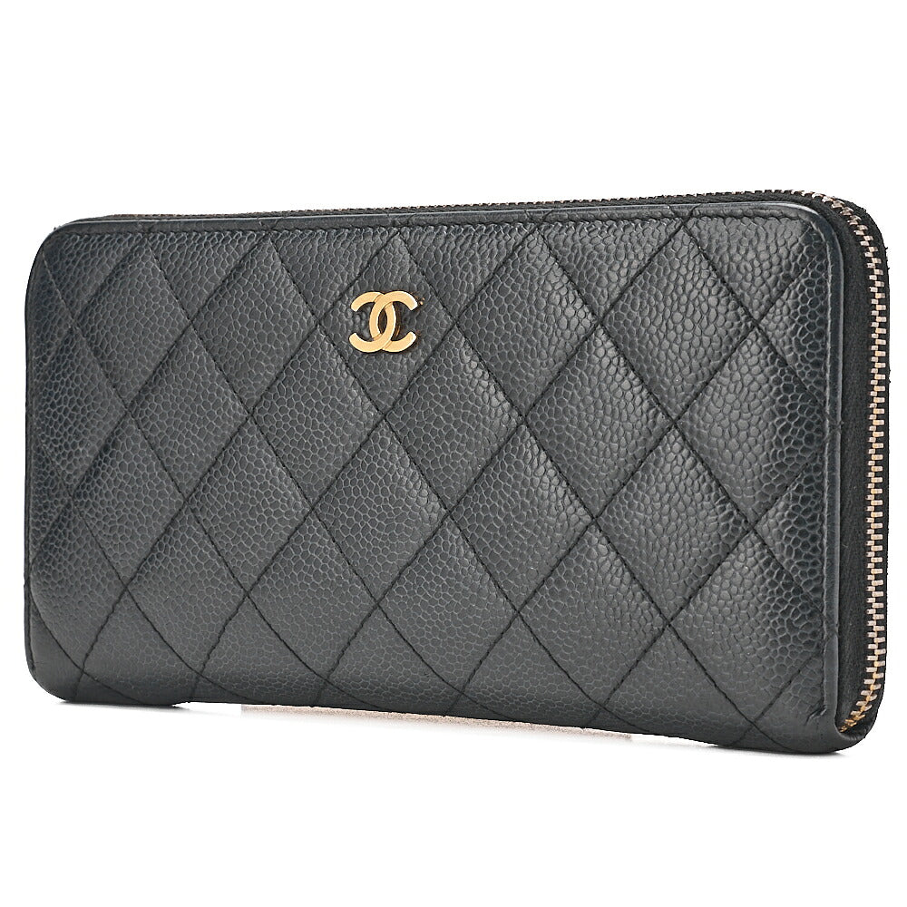 CHANEL Matelasse Round Long Wallet Caviar Skin Black Gold-Tone Hardware, Pre-Owned