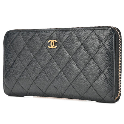 CHANEL Matelasse Round Long Wallet Caviar Skin Black Gold-Tone Hardware, Pre-Owned