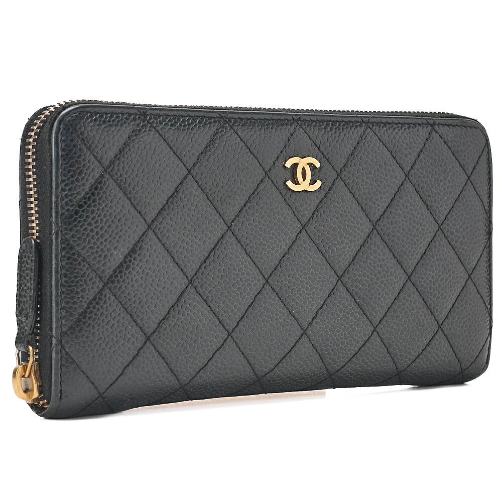 CHANEL Matelasse Round Long Wallet Caviar Skin Black Gold-Tone Hardware, Pre-Owned