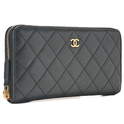CHANEL Matelasse Round Long Wallet Caviar Skin Black Gold-Tone Hardware, Pre-Owned