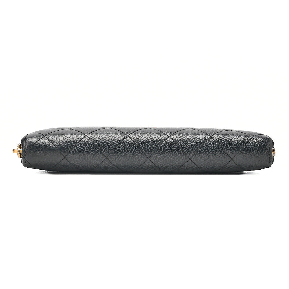 CHANEL Matelasse Round Long Wallet Caviar Skin Black Gold-Tone Hardware, Pre-Owned