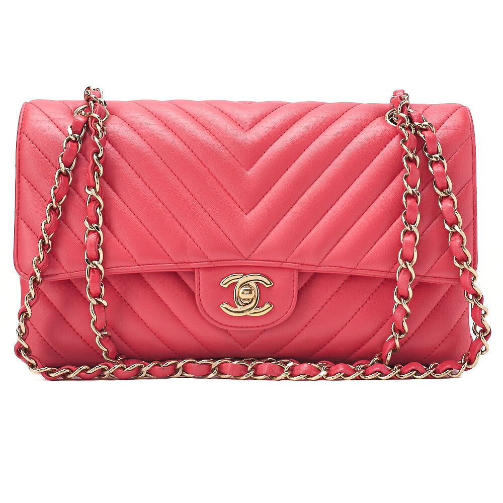 CHANEL Lambskin Chevron Double Flap 25cm Chain Shoulder Rose Pink Gold-Tone Hardware, Pre-Owned