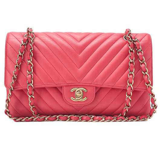 CHANEL Lambskin Chevron Double Flap 25cm Chain Shoulder Rose Pink Gold-Tone Hardware, Pre-Owned