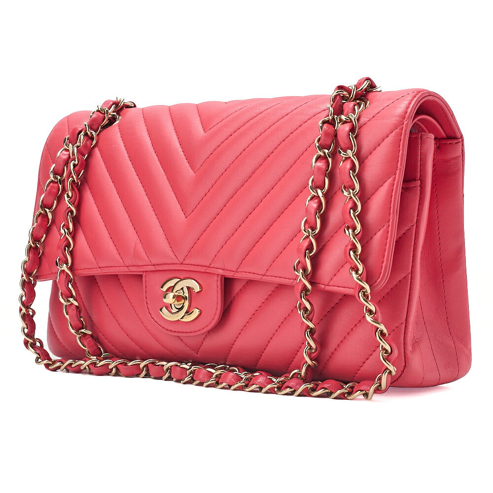 CHANEL Lambskin Chevron Double Flap 25cm Chain Shoulder Rose Pink Gold-Tone Hardware, Pre-Owned