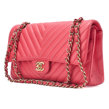 CHANEL Lambskin Chevron Double Flap 25cm Chain Shoulder Rose Pink Gold-Tone Hardware, Pre-Owned