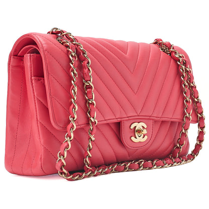 CHANEL Lambskin Chevron Double Flap 25cm Chain Shoulder Rose Pink Gold-Tone Hardware, Pre-Owned