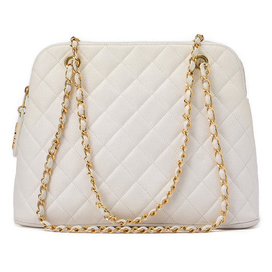 CHANEL Matelasse Plate Charm Trapezoidal Chain Shoulder Caviar Skin White Gold-Tone Hardware, Pre-Owned