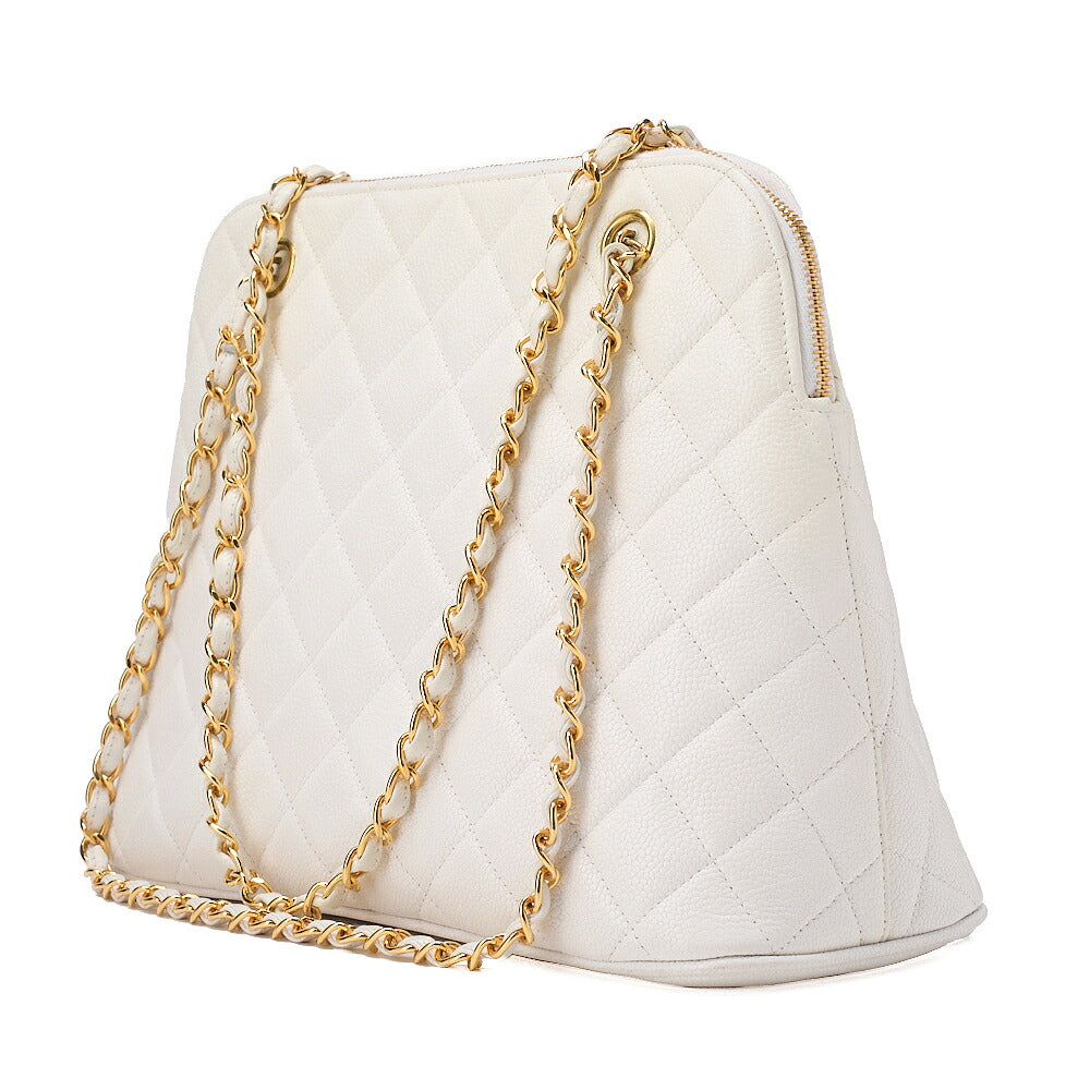 CHANEL Matelasse Plate Charm Trapezoidal Chain Shoulder Caviar Skin White Gold-Tone Hardware, Pre-Owned