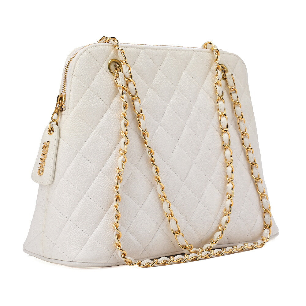 CHANEL Matelasse Plate Charm Trapezoidal Chain Shoulder Caviar Skin White Gold-Tone Hardware, Pre-Owned