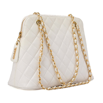 CHANEL Matelasse Plate Charm Trapezoidal Chain Shoulder Caviar Skin White Gold-Tone Hardware, Pre-Owned
