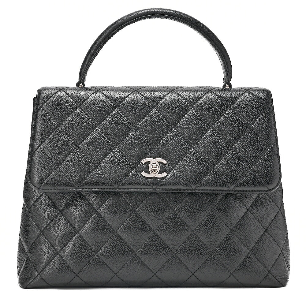 CHANEL Caviar Skin Matelasse Single Kelly-Shaped Handbag Black Silver-Tone Hardware, Pre-Owned