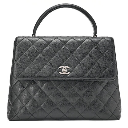 CHANEL Caviar Skin Matelasse Single Kelly-Shaped Handbag Black Silver-Tone Hardware, Pre-Owned