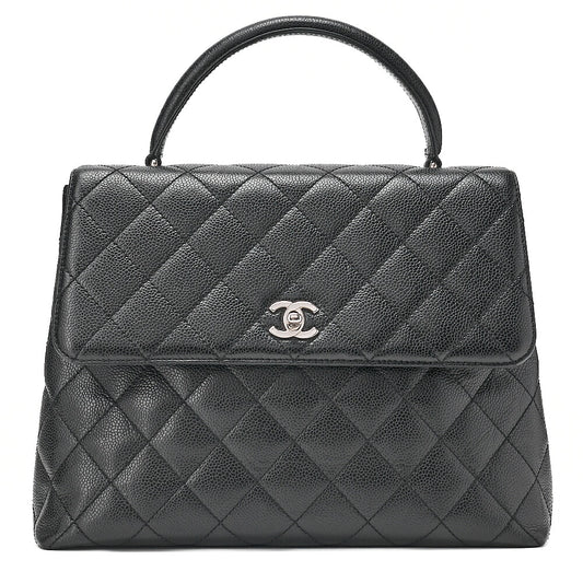 CHANEL Caviar Skin Matelasse Single Kelly-Shaped Handbag Black Silver-Tone Hardware, Pre-Owned