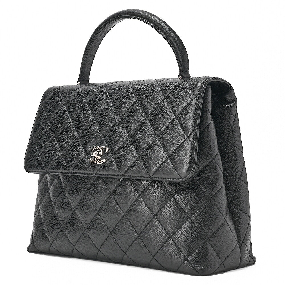 CHANEL Caviar Skin Matelasse Single Kelly-Shaped Handbag Black Silver-Tone Hardware, Pre-Owned