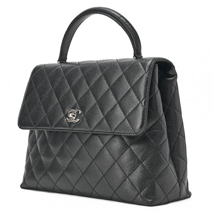 CHANEL Caviar Skin Matelasse Single Kelly-Shaped Handbag Black Silver-Tone Hardware, Pre-Owned