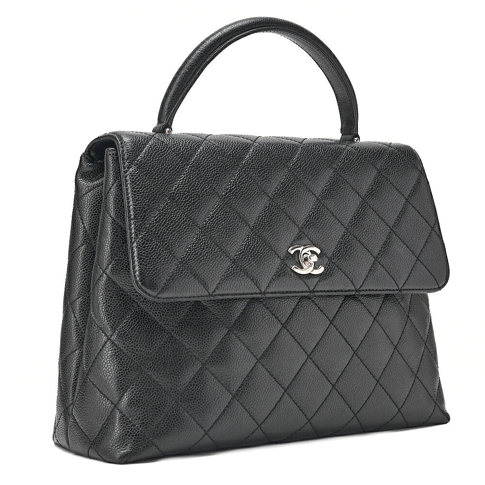 CHANEL Caviar Skin Matelasse Single Kelly-Shaped Handbag Black Silver-Tone Hardware, Pre-Owned