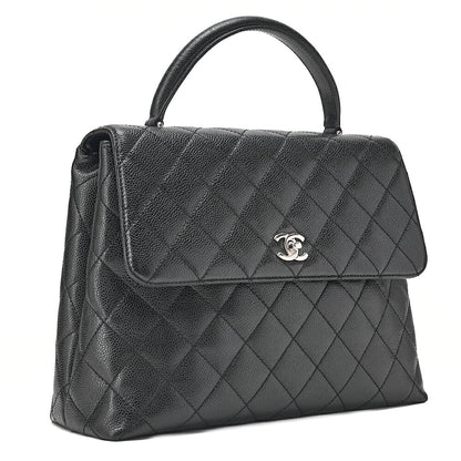 CHANEL Caviar Skin Matelasse Single Kelly-Shaped Handbag Black Silver-Tone Hardware, Pre-Owned