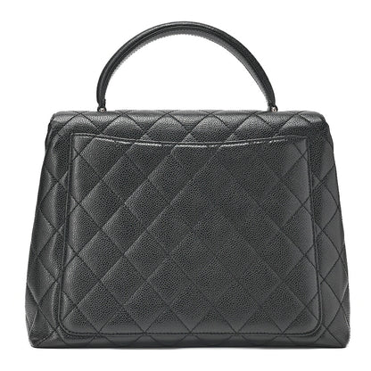 CHANEL Caviar Skin Matelasse Single Kelly-Shaped Handbag Black Silver-Tone Hardware, Pre-Owned