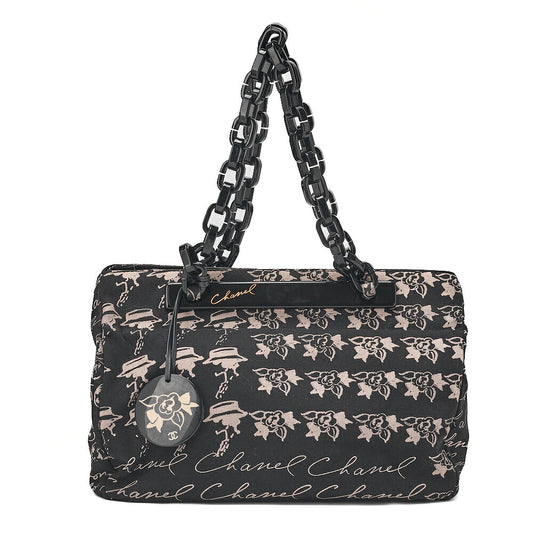 CHANEL Camellia Canvas Plastic Chain Tote Bag Black x Beige Silver-Tone Hardware, Pre-Owned