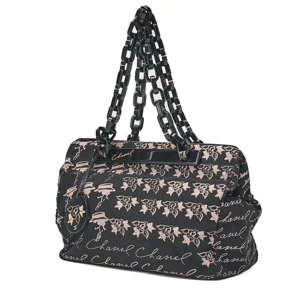 CHANEL Camellia Canvas Plastic Chain Tote Bag Black x Beige Silver-Tone Hardware, Pre-Owned