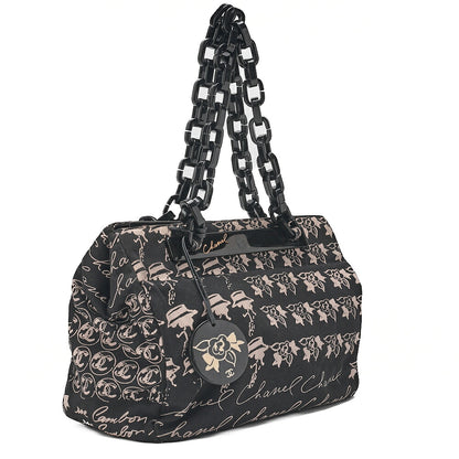 CHANEL Camellia Canvas Plastic Chain Tote Bag Black x Beige Silver-Tone Hardware, Pre-Owned