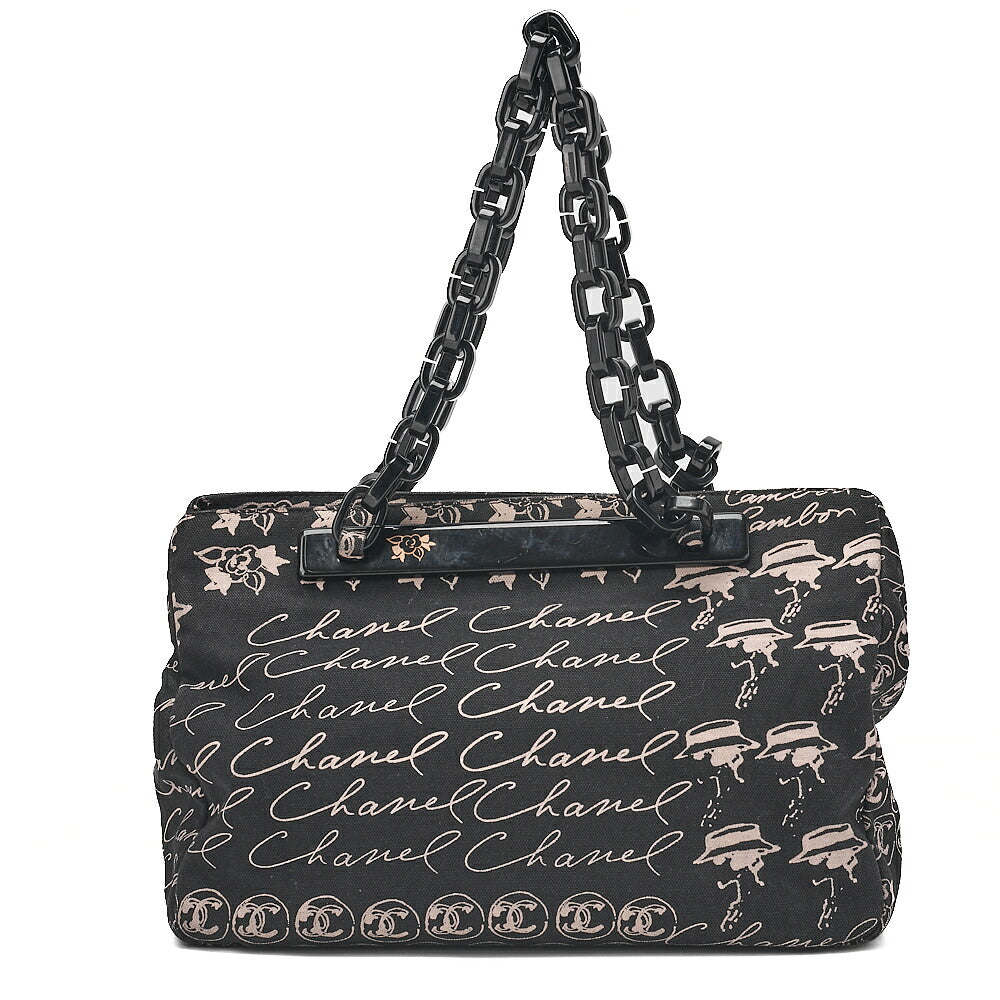CHANEL Camellia Canvas Plastic Chain Tote Bag Black x Beige Silver-Tone Hardware, Pre-Owned