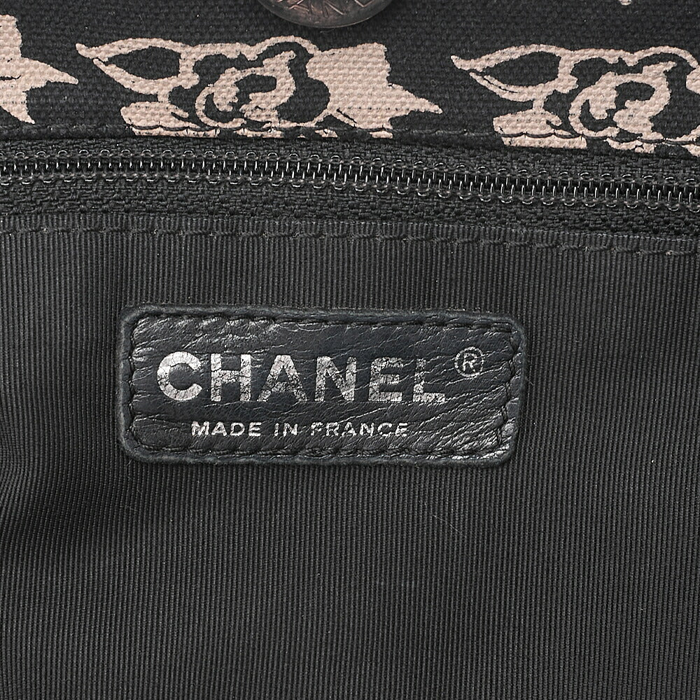 CHANEL Camellia Canvas Plastic Chain Tote Bag Black x Beige Silver-Tone Hardware, Pre-Owned