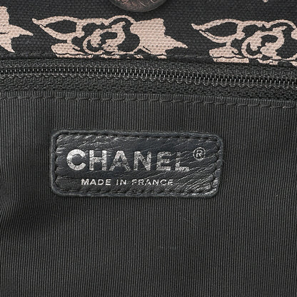 CHANEL Camellia Canvas Plastic Chain Tote Bag Black x Beige Silver-Tone Hardware, Pre-Owned