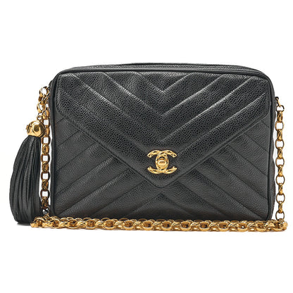 CHANEL Caviar Skin Chevron Outside Flap with Fringe Bijou Chain Shoulder Black Gold-Tone Hardware, Pre-Owned