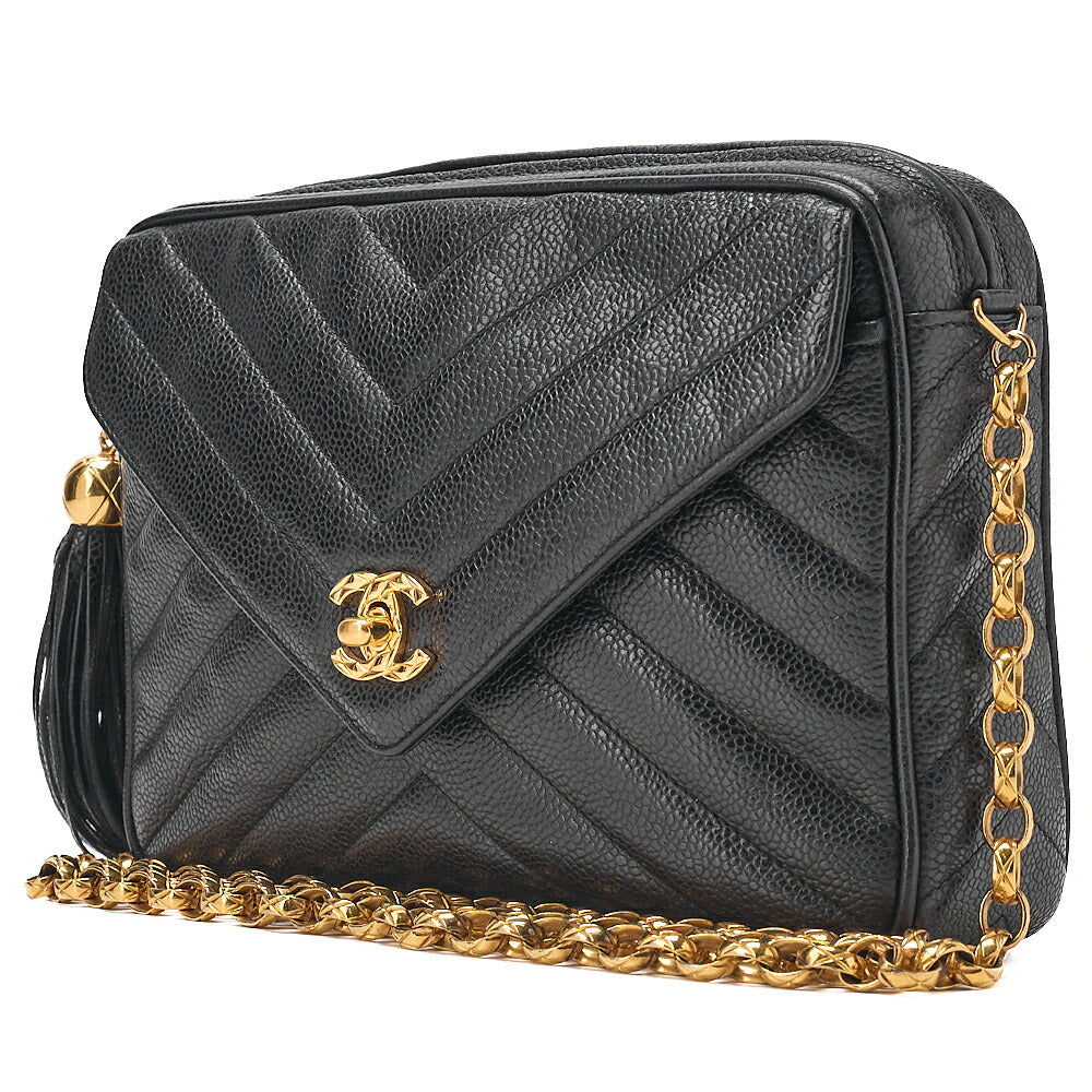 CHANEL Caviar Skin Chevron Outside Flap with Fringe Bijou Chain Shoulder Black Gold-Tone Hardware, Pre-Owned