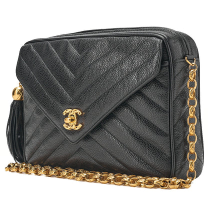 CHANEL Caviar Skin Chevron Outside Flap with Fringe Bijou Chain Shoulder Black Gold-Tone Hardware, Pre-Owned