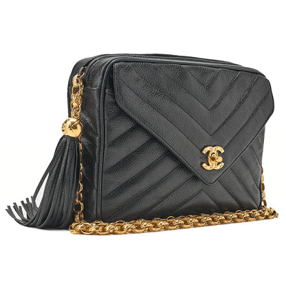 CHANEL Caviar Skin Chevron Outside Flap with Fringe Bijou Chain Shoulder Black Gold-Tone Hardware, Pre-Owned