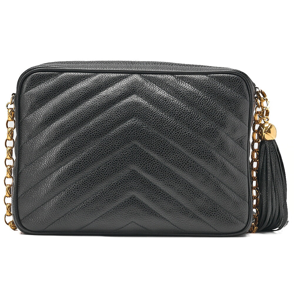 CHANEL Caviar Skin Chevron Outside Flap with Fringe Bijou Chain Shoulder Black Gold-Tone Hardware, Pre-Owned