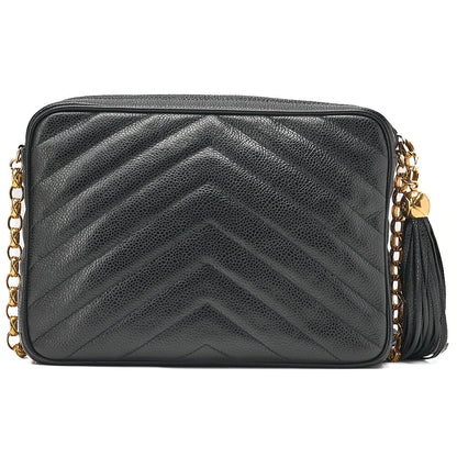 CHANEL Caviar Skin Chevron Outside Flap with Fringe Bijou Chain Shoulder Black Gold-Tone Hardware, Pre-Owned