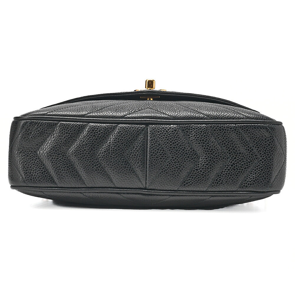 CHANEL Caviar Skin Chevron Outside Flap with Fringe Bijou Chain Shoulder Black Gold-Tone Hardware, Pre-Owned