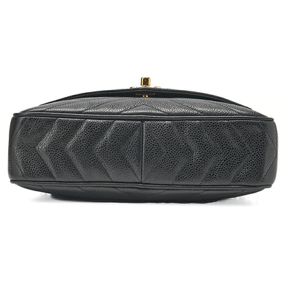 CHANEL Caviar Skin Chevron Outside Flap with Fringe Bijou Chain Shoulder Black Gold-Tone Hardware, Pre-Owned