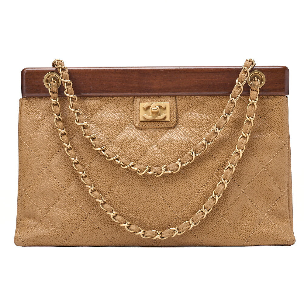 CHANEL Chanel Caviar Skin Matelasse Wood Pattern Coco Mark Chain Tote Bag Beige Gold-Tone Hardware, Pre-Owned