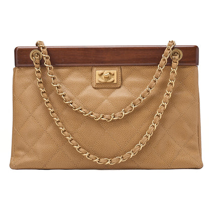 CHANEL Chanel Caviar Skin Matelasse Wood Pattern Coco Mark Chain Tote Bag Beige Gold-Tone Hardware, Pre-Owned
