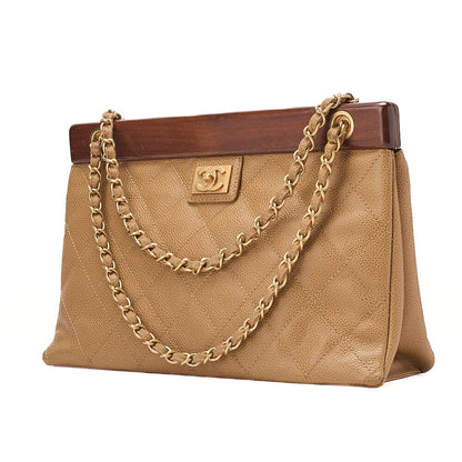 CHANEL Chanel Caviar Skin Matelasse Wood Pattern Coco Mark Chain Tote Bag Beige Gold-Tone Hardware, Pre-Owned