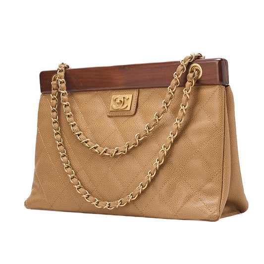 CHANEL Chanel Caviar Skin Matelasse Wood Pattern Coco Mark Chain Tote Bag Beige Gold-Tone Hardware, Pre-Owned
