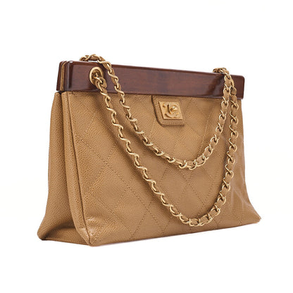 CHANEL Chanel Caviar Skin Matelasse Wood Pattern Coco Mark Chain Tote Bag Beige Gold-Tone Hardware, Pre-Owned