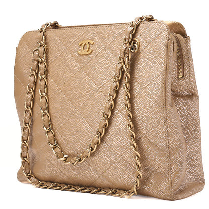 CHANEL Caviar Skin Matelasse Coco Mark Chain Tote Bag Beige Gold-Tone Hardware, Pre-Owned