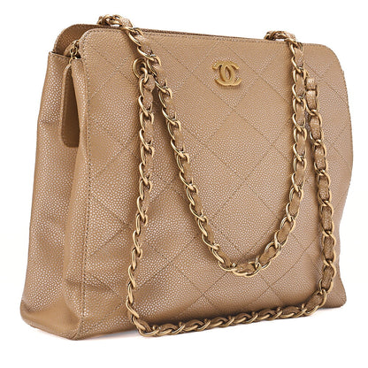 CHANEL Caviar Skin Matelasse Coco Mark Chain Tote Bag Beige Gold-Tone Hardware, Pre-Owned